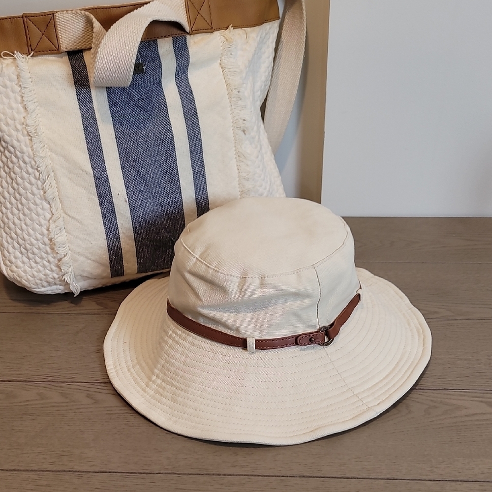 Nine West Cream Bucket Hat with Brown Strap